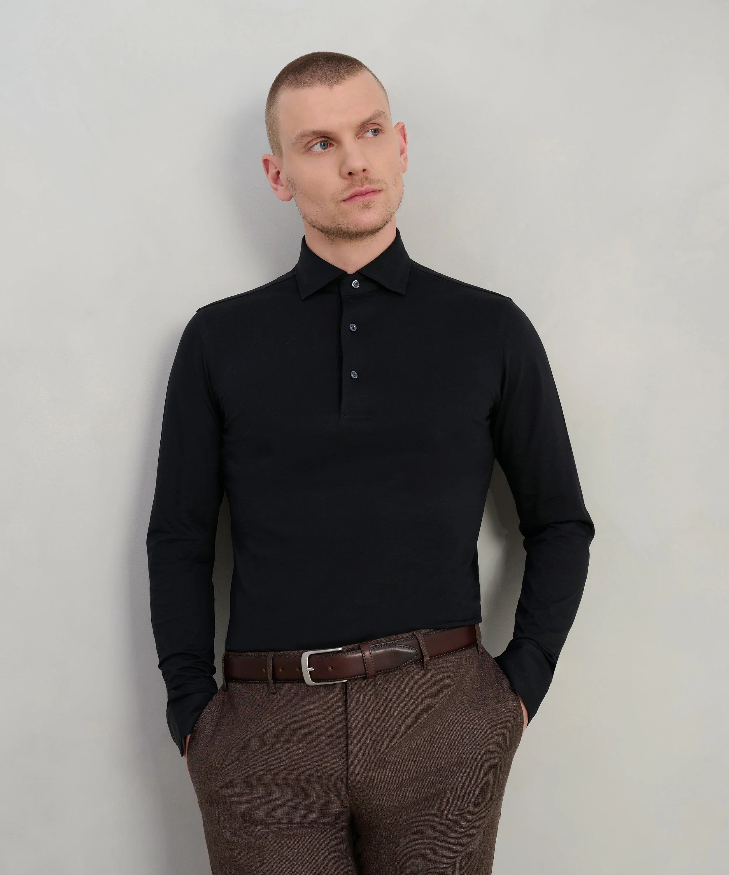 Long sleeve poloshirt mercerized cotton zwart - Image 3
